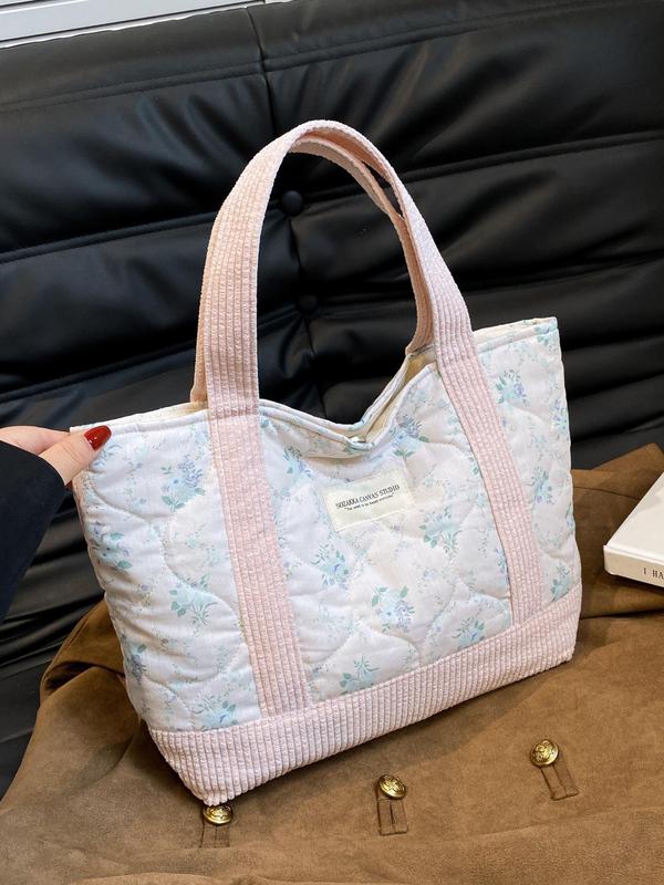 2024 Summer Ditsy Floral Pattern Tote Bag for Women, Large Capacity Quilted Shoulder Bag for Women, Designer Handbag, Casual Trendy Versatile Work Bag, Dating, Party, Shopping, Back To School, Fall Outfits, Fall Freshness