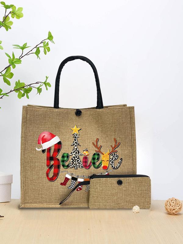 Christmas Themed Tote Bag & Wallet Set, Casual Letter & Geometric Pattern Shopping Bag Set for Women, Gift Bag Set for Work School Beach