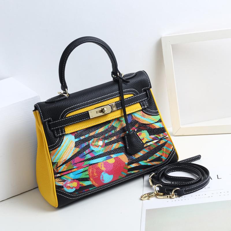 New Fashion Printed Graffiti Kelly Bag Cartoon Pattern Genuine Leather Women's Bag First Layer Leather One-Shoulder Crossbody Handbag