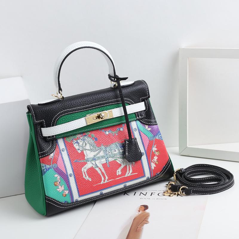 New Fashion Printed Graffiti Kelly Bag Cartoon Pattern Genuine Leather Women's Bag First Layer Leather One-Shoulder Crossbody Handbag