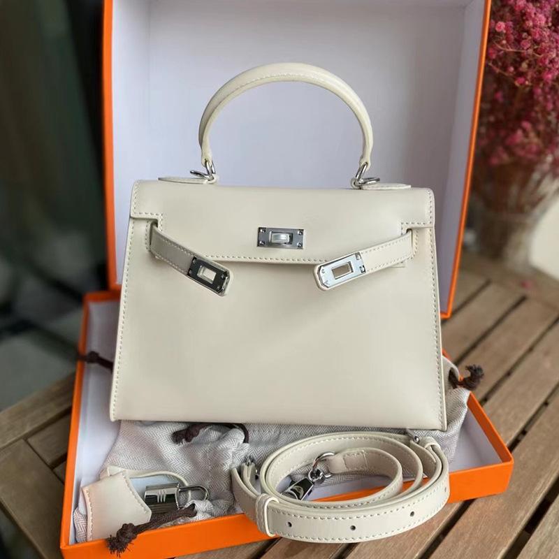 2024 New Box Glossy Cowhide Second Generation Kelly Bag Silver Buckle Leather Handbag Versatile High Quality One Shoulder Bag