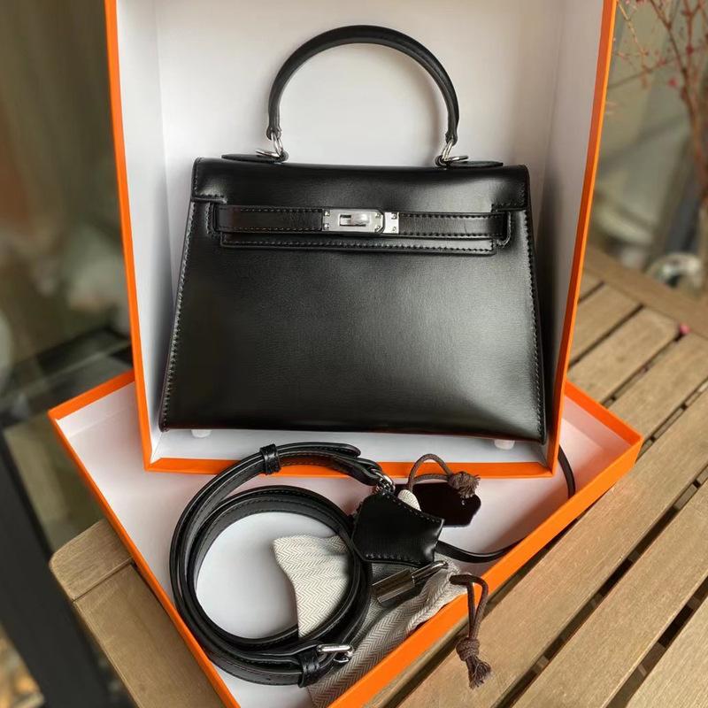 2024 New Box Glossy Cowhide Second Generation Kelly Bag Silver Buckle Leather Handbag Versatile High Quality One Shoulder Bag