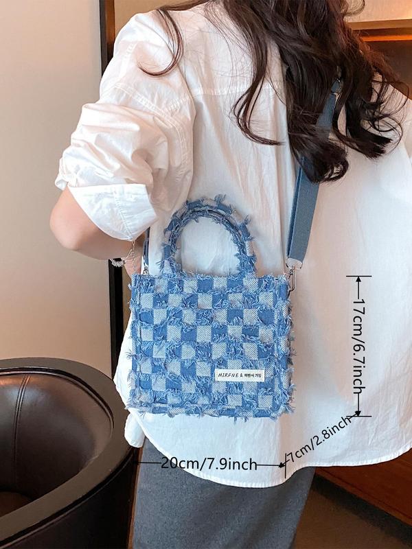 Checkerboard Pattern Raw Hem Design Handbag Tote Bag, 2024 New Style Luxury Designer Letter Patched Crossbody Shoulder Bag, Summer Trendy Gift Bag for Women