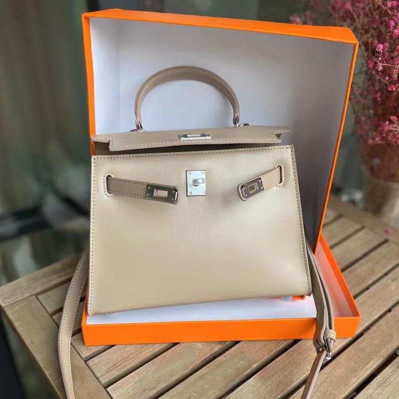 2024 New Box Glossy Cowhide Second Generation Kelly Bag Silver Buckle Leather Handbag Versatile High Quality One Shoulder Bag