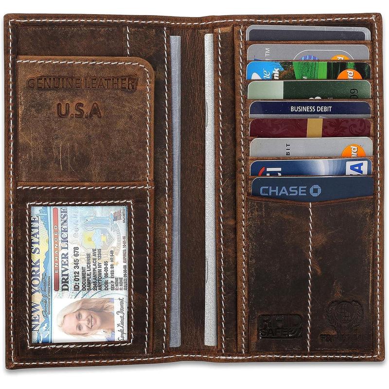 Men's RFID Vintage Look premium Genuine Leather Long Bifold Wallet Checkbook Wallets,buffalo vintage leather