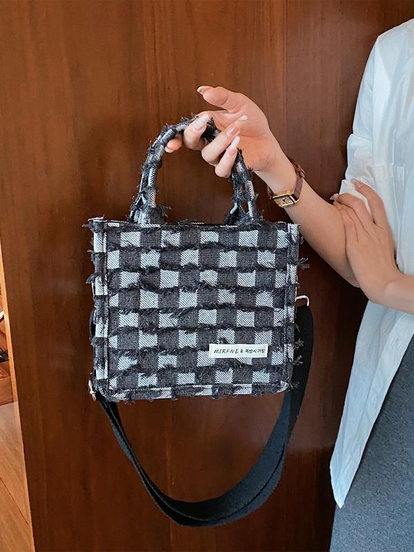 Checkerboard Pattern Raw Hem Design Handbag Tote Bag, 2024 New Style Luxury Designer Letter Patched Crossbody Shoulder Bag, Summer Trendy Gift Bag for Women