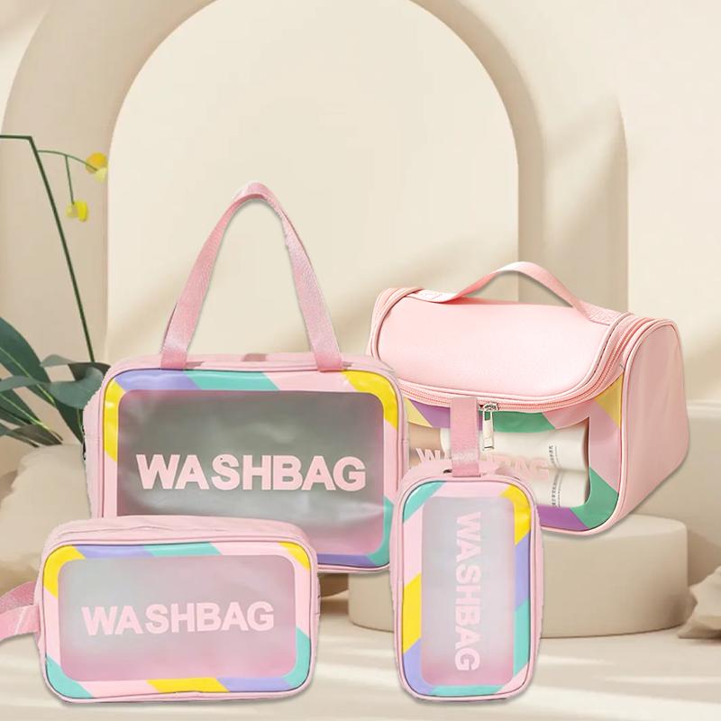 [12h to ship]ONAIL New Colorful Women's Travel Toiletries Bag Four Piece Set with Handle Cosmetic Bag, Large Capacity Translucent Waterproof Travel Cosmetic Bag, Bathing and Swimming Beach Bag, Outdoor Camping Travel Toiletries Bag