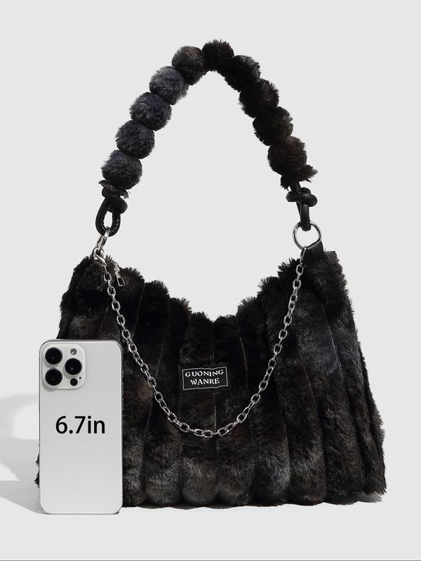 Women's Solid Color Plush Shoulder Bag, Fashionable Chain Decor Tote Bag for Daily Used, Casual Trendy Versatile High-quality Daily Commuting Bag