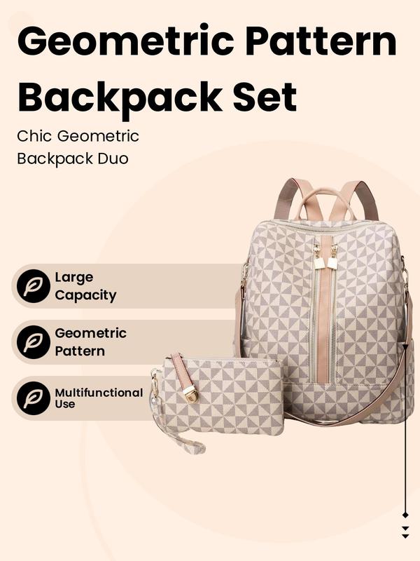 Geometric Pattern Backpack & Wallet Set, 2024 Summer Large Capacity Vintage Multifunctional Backpack Set for Work & School, Commuting College Backpacks Set Back To School for Fall Outfits & Fall Freshness