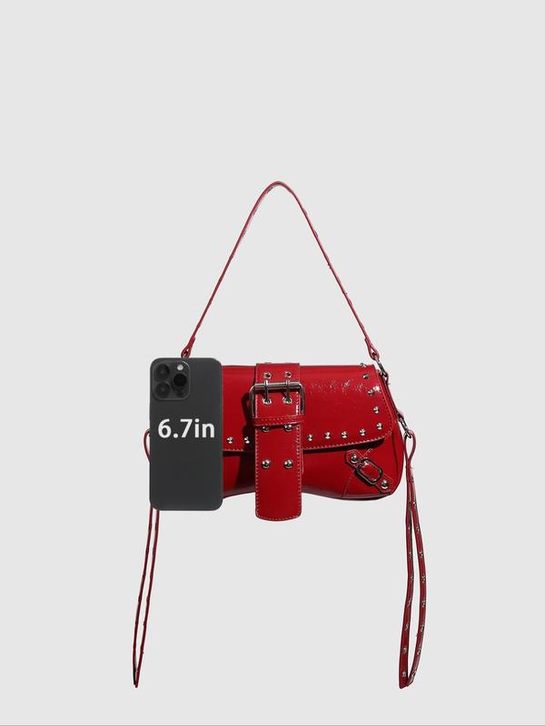 Women's Y2k Style Rivet Decor Belted Design Baguette Bag, Fashionable Solid Color Shoulder Bag for Daily Used, Casual Trendy Versatile High-quality Daily Commuting Bag