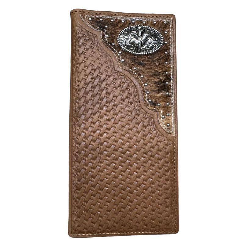 Mens Long Wallet Floral Embossed Longhorn Leather Brown and Teal Soft Leather Checkbook Style Cowboy Hand Crafted High End Mens Wallets Leather Bull Rider Rodeo