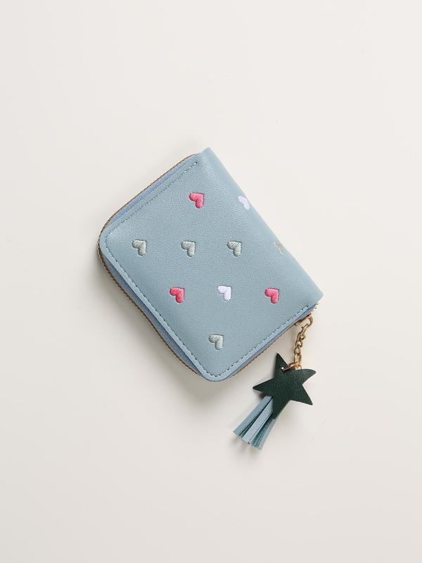 Women's Cute Heart Pattern Embroidering Design Short Wallet, Star & Tassel Design Charm Pu Leather Zipper Coin Purse, Multifunctional Multiple Card Slots Wallet