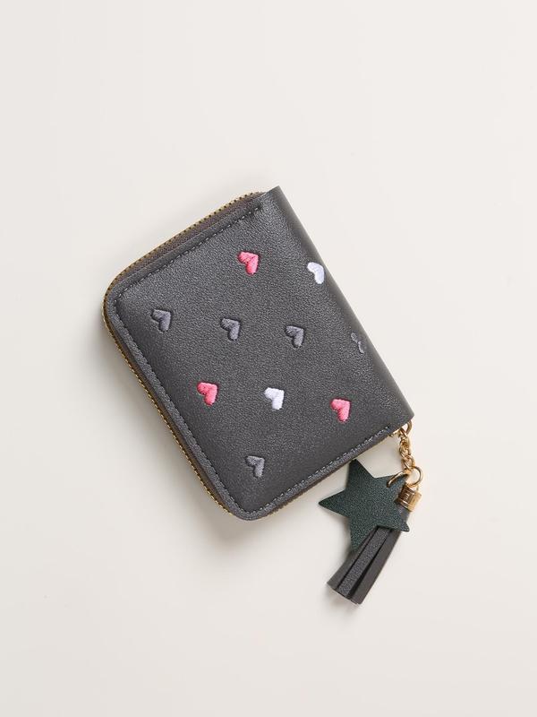 Women's Cute Heart Pattern Embroidering Design Short Wallet, Star & Tassel Design Charm Pu Leather Zipper Coin Purse, Multifunctional Multiple Card Slots Wallet