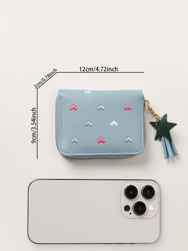 Women's Cute Heart Pattern Embroidering Design Short Wallet, Star & Tassel Design Charm Pu Leather Zipper Coin Purse, Multifunctional Multiple Card Slots Wallet