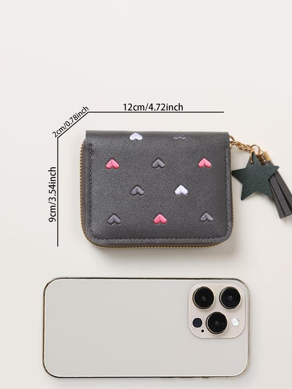 Women's Cute Heart Pattern Embroidering Design Short Wallet, Star & Tassel Design Charm Pu Leather Zipper Coin Purse, Multifunctional Multiple Card Slots Wallet