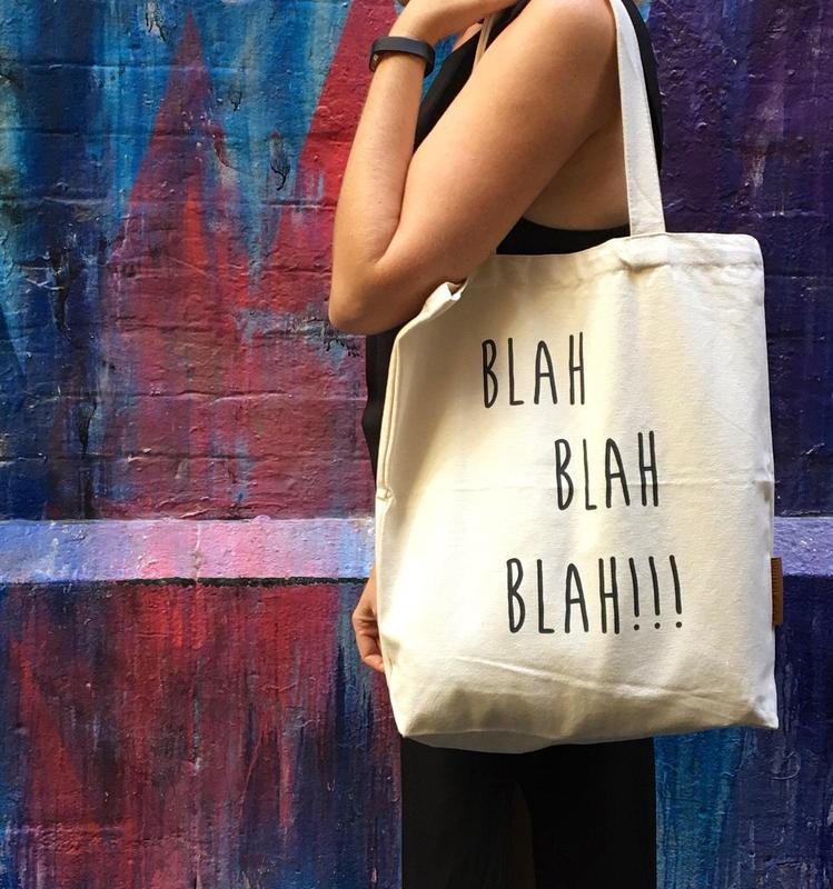 Blah blah blah 100% cotton, 12oz natural canvas tote bag. Ideal for a market bag, handbag, beach bag, shopping bag, grocery bag, library bag