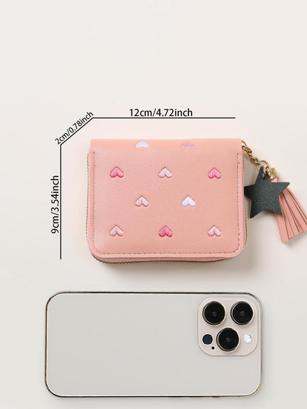 Women's Cute Heart Pattern Embroidering Design Short Wallet, Star & Tassel Design Charm Pu Leather Zipper Coin Purse, Multifunctional Multiple Card Slots Wallet