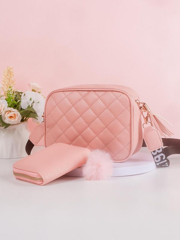 Women's Fashion Simple Plain Rhombus Quilted Designer Crossbody Purse Bag, with Butterfly Decor and Lightweight Small Square Bag with Pom Pom Decor, Casual Zipper Wallet for Women