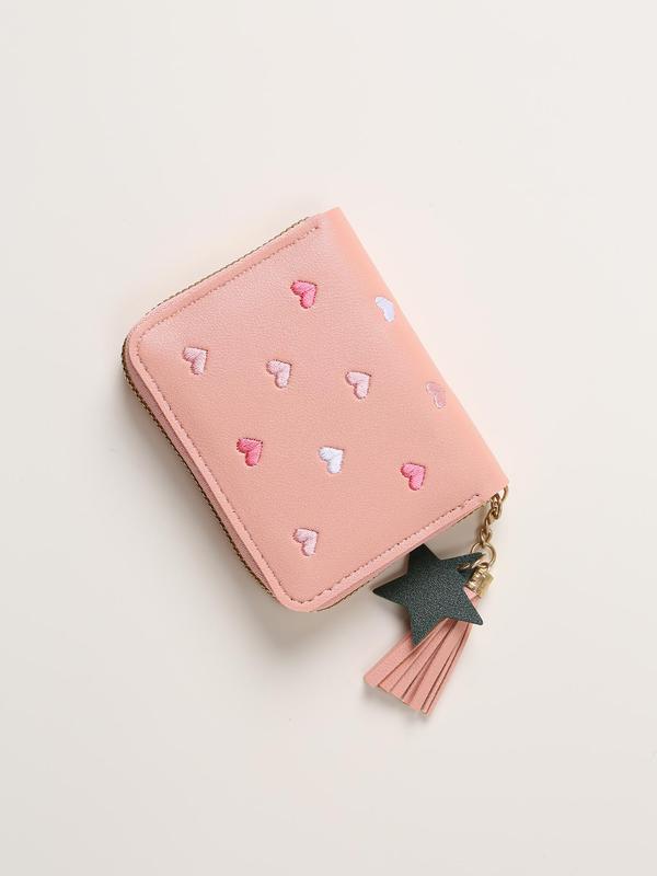 Women's Cute Heart Pattern Embroidering Design Short Wallet, Star & Tassel Design Charm Pu Leather Zipper Coin Purse, Multifunctional Multiple Card Slots Wallet