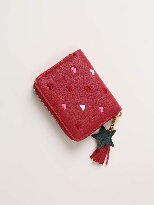 Women's Cute Heart Pattern Embroidering Design Short Wallet, Star & Tassel Design Charm Pu Leather Zipper Coin Purse, Multifunctional Multiple Card Slots Wallet