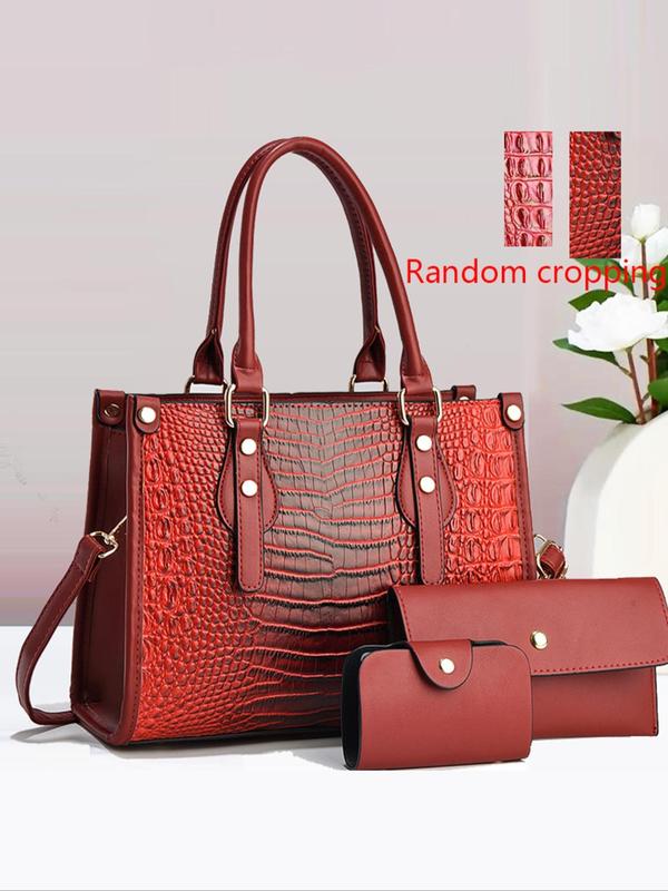 Women's Fashionable Crocodile Embossed Tote Bag & Clutch & Card Holder, Casual Versatile Shoulder Bag Set for Daily Used, Trendy High-quality Daily Commuting Bag