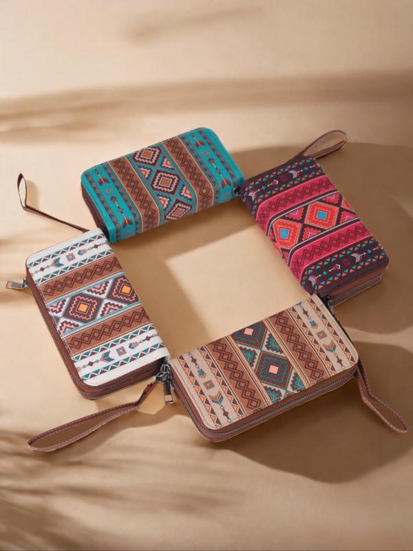 Women's Boho Style Ethnic Pattern Zipper Long Wallet, Vintage Trendy Long Wallet, Fashionable Wallet for Women & Girls