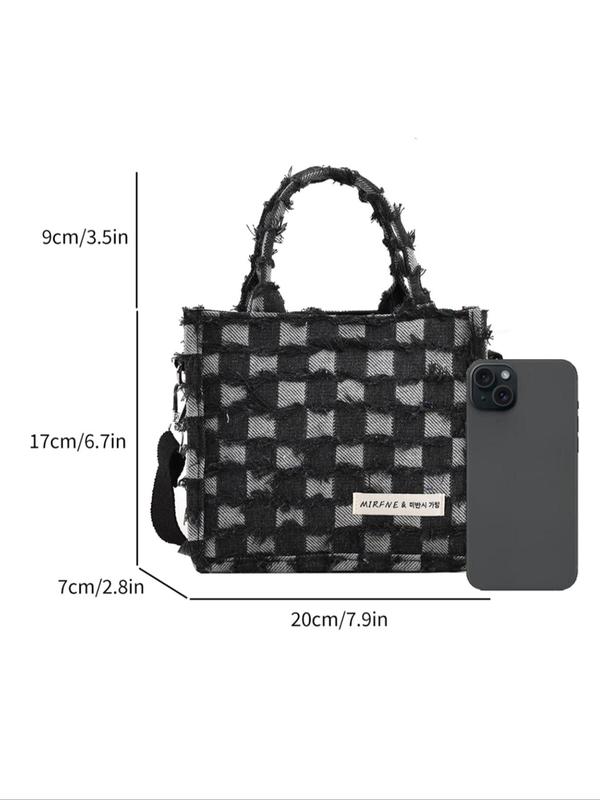 Checkerboard Pattern Denim Handbag, Patched Everyday Bags for Women & Girls, Casual Trendy Daily Commuting Bag, Girl Work for Summer Back To School