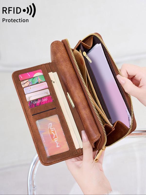 Women's Minimalist Solid Color Long Wallet, Fashionable PU Leather RFID Protection Zipper Wallet, Casual Versatile Clutch Purse for Daily Use