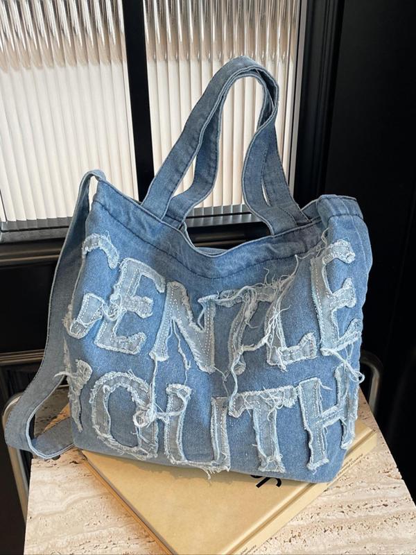 Women's Denim Letter Design Tote Bag, Fall Work Bag, Casual Large Capacity Shoulder Bag for Daily Used, Trendy All-match Commuter Bag Gift, Fall Outfits, Fall Freshness