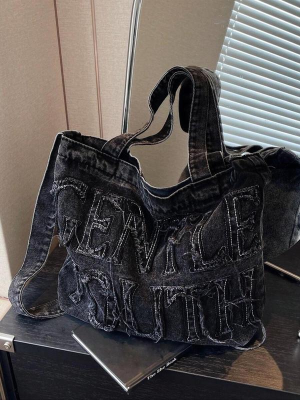 Women's Denim Letter Design Tote Bag, Fall Work Bag, Casual Large Capacity Shoulder Bag for Daily Used, Trendy All-match Commuter Bag Gift, Fall Outfits, Fall Freshness