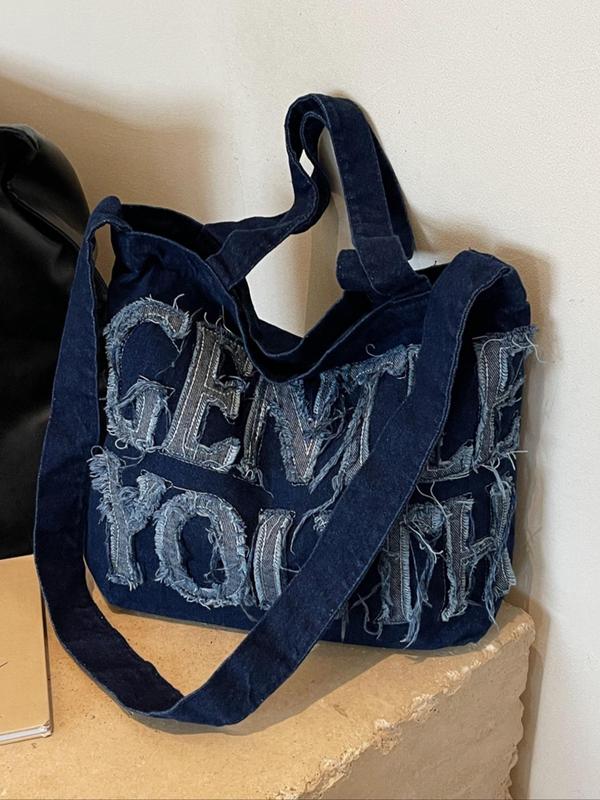 Women's Denim Letter Design Tote Bag, Fall Work Bag, Casual Large Capacity Shoulder Bag for Daily Used, Trendy All-match Commuter Bag Gift, Fall Outfits, Fall Freshness