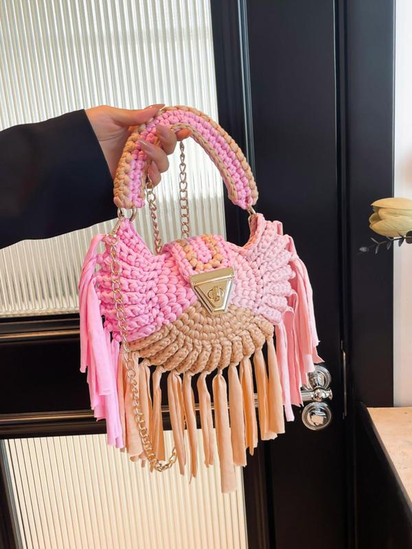 Women's Colorblock Braid Design Tassel Decor Handbag, Fashionable Handbag for Daily Used, Casual Trendy Versatile High-quality Daily Commuting Bag