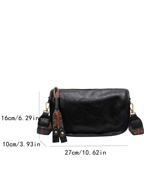 Women's Fashionable Vintage Pattern Pu Leather Crossbody Bag, Casual Versatile Zipper Shoulder Bag, Female All-match Wide Ethnic Pattern Strap Commuter Bag