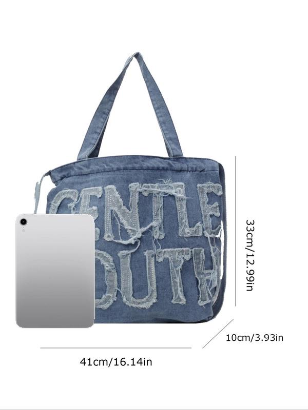 Women's Denim Letter Design Tote Bag, Fall Work Bag, Casual Large Capacity Shoulder Bag for Daily Used, Trendy All-match Commuter Bag Gift, Fall Outfits, Fall Freshness