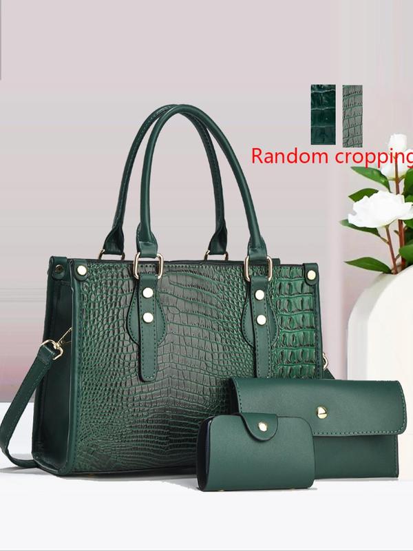 Women's Fashionable Crocodile Embossed Tote Bag & Clutch & Card Holder, Casual Versatile Shoulder Bag Set for Daily Used, Trendy High-quality Daily Commuting Bag