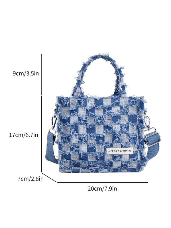 Checkerboard Pattern Denim Handbag, Patched Everyday Bags for Women & Girls, Casual Trendy Daily Commuting Bag, Girl Work for Summer Back To School