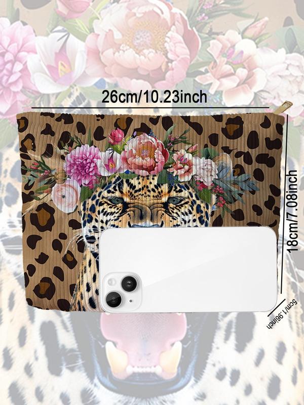 Fashion Leopard & Flower Pattern Makeup Bag, Casual Versatile Storage Bag, Travel Makeup Bag, Suitable for Women & All Kinds of Occasions