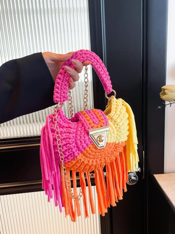 Women's Colorblock Braid Design Tassel Decor Handbag, Fashionable Handbag for Daily Used, Casual Trendy Versatile High-quality Daily Commuting Bag