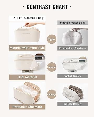 EACHY Travel Makeup Bag,Large Capacity Cosmetic Bags for Women,Waterproof Portable Pouch Open Flat Toiletry Bag Make up Organizer with Divider and Handle (White)