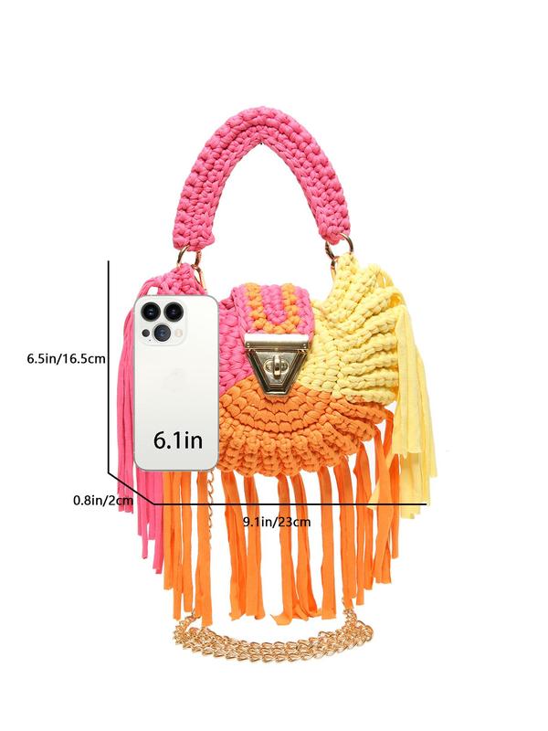 Women's Colorblock Braid Design Tassel Decor Handbag, Fashionable Handbag for Daily Used, Casual Trendy Versatile High-quality Daily Commuting Bag