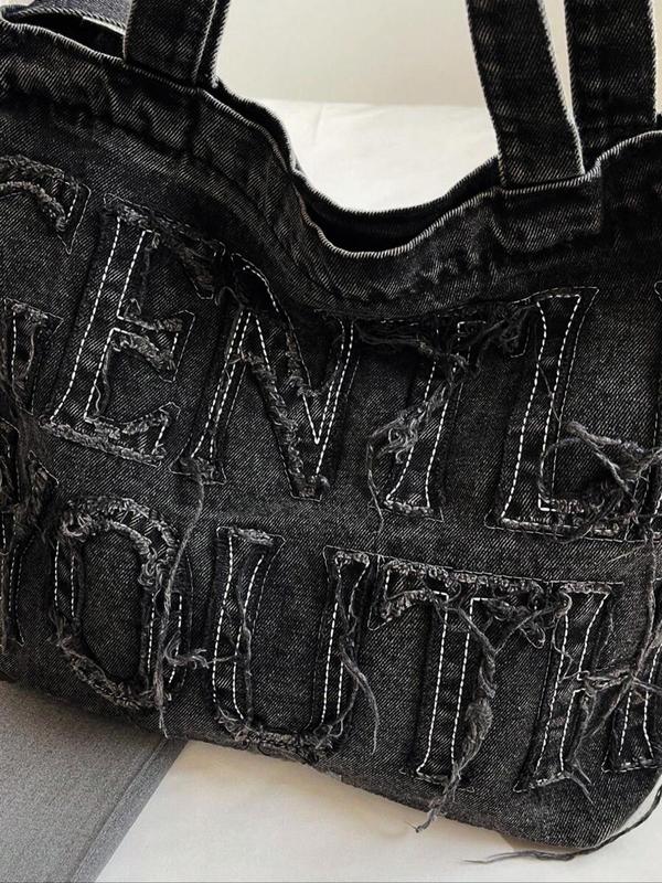 Women's Denim Letter Design Tote Bag, Fall Work Bag, Casual Large Capacity Shoulder Bag for Daily Used, Trendy All-match Commuter Bag Gift, Fall Outfits, Fall Freshness