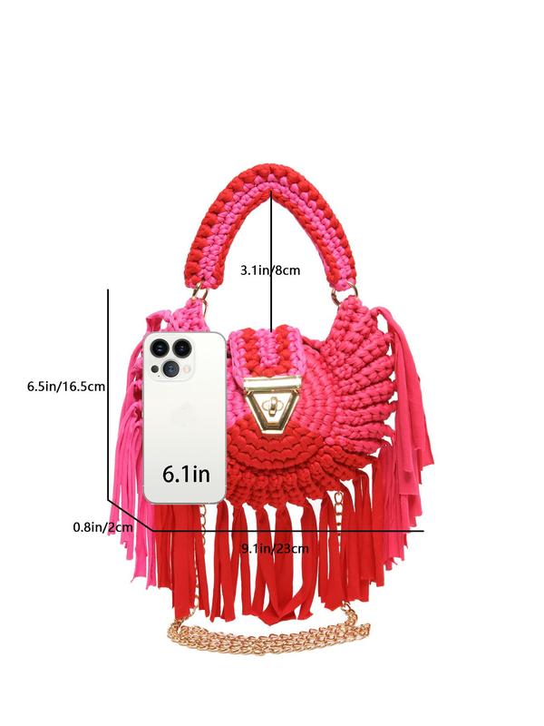 Women's Colorblock Braid Design Tassel Decor Handbag, Fashionable Handbag for Daily Used, Casual Trendy Versatile High-quality Daily Commuting Bag