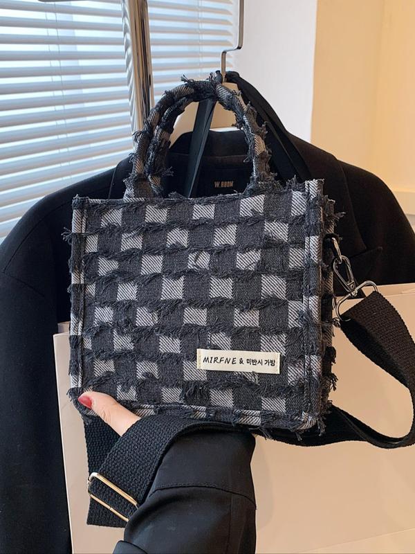 Checkerboard Pattern Denim Handbag, Patched Everyday Bags for Women & Girls, Casual Trendy Daily Commuting Bag, Girl Work for Summer Back To School