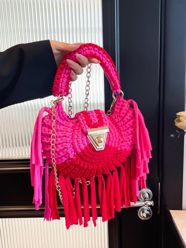 Women's Colorblock Braid Design Tassel Decor Handbag, Fashionable Handbag for Daily Used, Casual Trendy Versatile High-quality Daily Commuting Bag