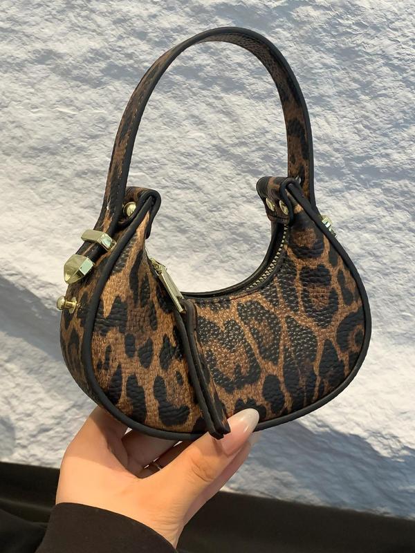 Fashion Leopard Print Half Moon Bag, Elegant Zipper Design Handbag for Women, Casual Trendy Versatile High-quality Daily Commuting Bag