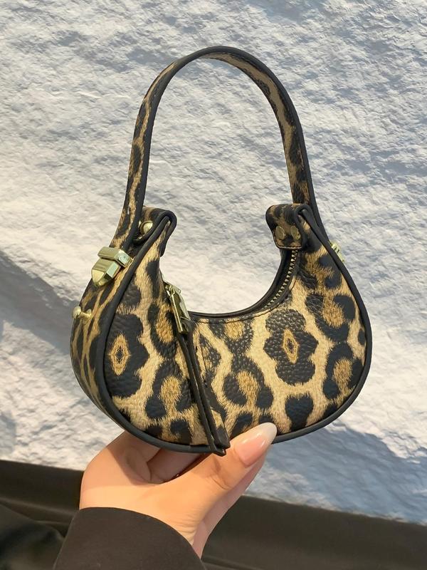 Fashion Leopard Print Half Moon Bag, Elegant Zipper Design Handbag for Women, Casual Trendy Versatile High-quality Daily Commuting Bag