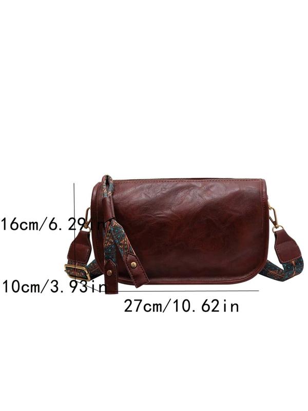 Women's Fashionable Vintage Pattern Pu Leather Crossbody Bag, Casual Versatile Zipper Shoulder Bag, Female All-match Wide Ethnic Pattern Strap Commuter Bag