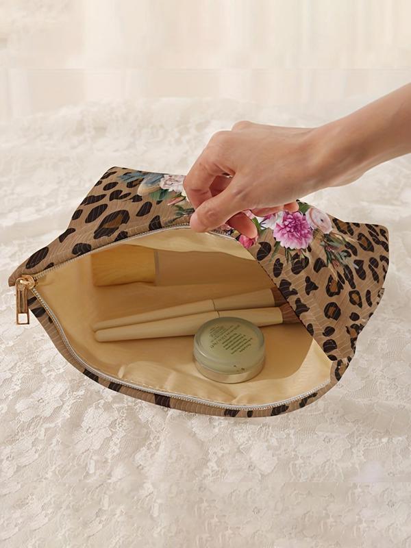 Fashion Leopard & Flower Pattern Makeup Bag, Casual Versatile Storage Bag, Travel Makeup Bag, Suitable for Women & All Kinds of Occasions