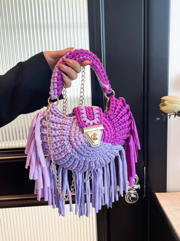 Women's Colorblock Braid Design Tassel Decor Handbag, Fashionable Handbag for Daily Used, Casual Trendy Versatile High-quality Daily Commuting Bag