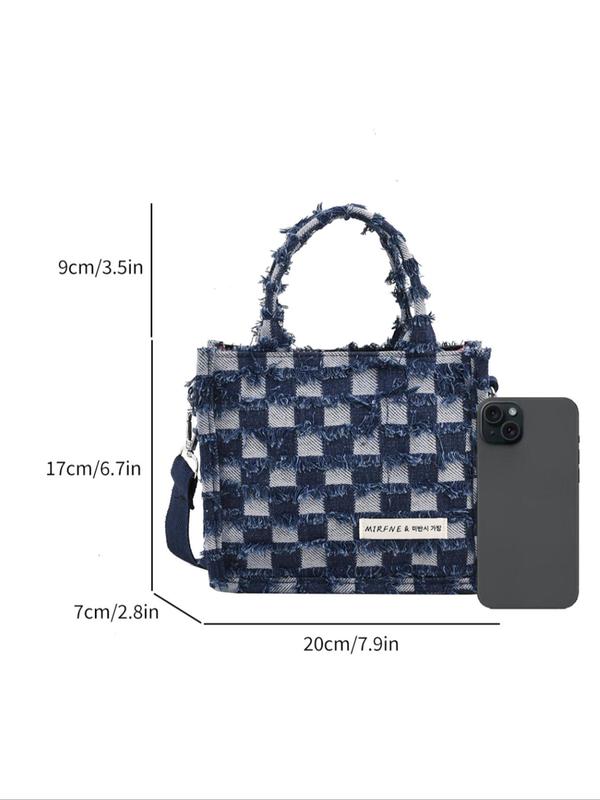 Checkerboard Pattern Denim Handbag, Patched Everyday Bags for Women & Girls, Casual Trendy Daily Commuting Bag, Girl Work for Summer Back To School